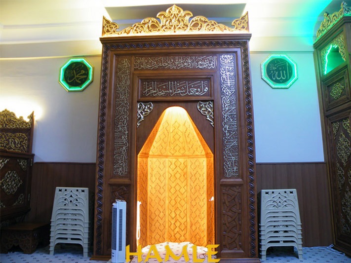 HAMLE; Turkey minbar, mihrab, pulpit, mosque wood railing, Prayer niche, muqarnas